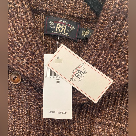 NWT Men’s Double RL - Suede Trim Marled Shawl Cardigan in Brown Tan Mark, Size M - Picture 9 of 12